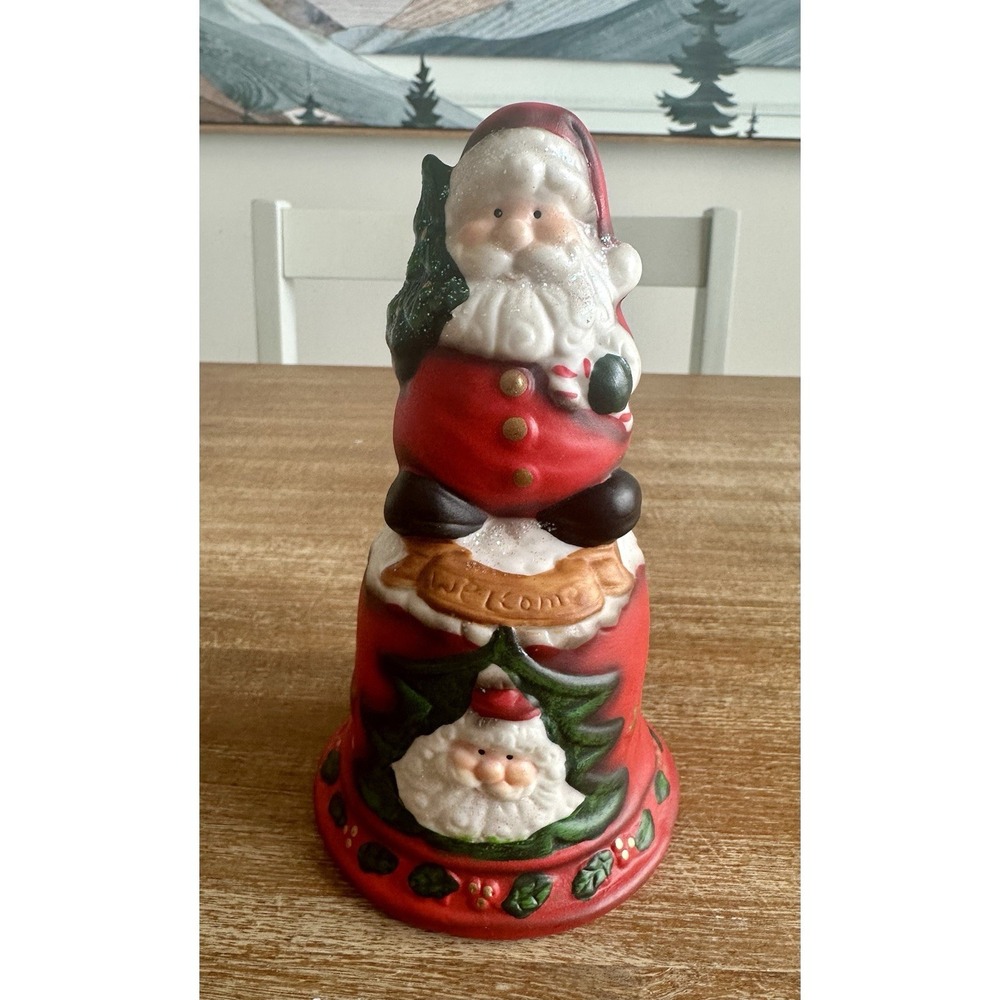 Santa Claus Bell Welcome Christmas Standing Holding Tree Ceramic 6'' New